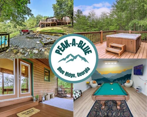 a collage of pictures of a deck with a pool table at Peak-a-Blue Cabin - Watch Movies from Hot Tub, Mountain View, Bigfoot Bunker Game Room, Fire Pit, Oversized Deck, Screened-in Porch in Mineral Bluff