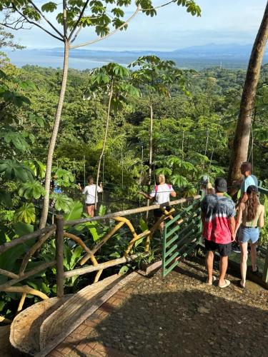 a group of people standing on a fence in a forest at Mountain Top Park Hotel in Quepos