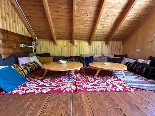 a living room with two tables and a couch at Hostel & Camping Rilindja in Valbonë
