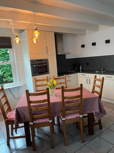 a kitchen with a table with chairs and a tablecloth on it at 't Zijper Eilant 98 in Oudesluis