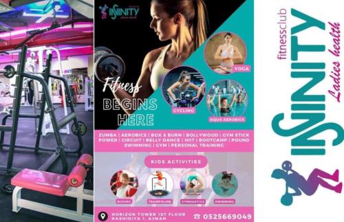a flyer for a gym with a woman on a treadmill at Boutique Studio , Guest Suit , AJMAN in Ajman 