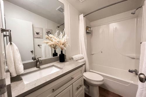 a bathroom with a sink and a toilet and a mirror at The Lookout At Lakewood, By M Host in Bridgeport