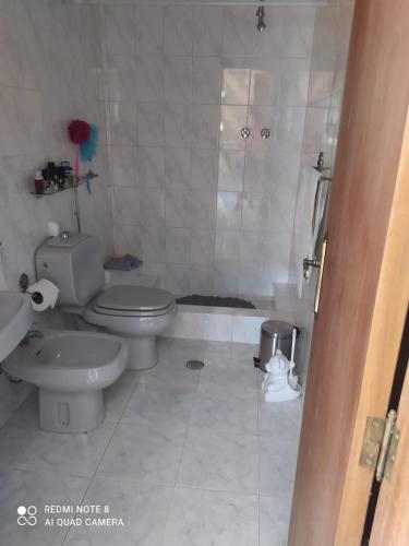 a white bathroom with a toilet and a shower at Casa Meitriz in Castro Daire