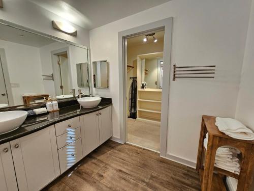 ヒューストンにあるMidtown modern retreat!の洗面台が2つと大きな鏡があるバスルーム