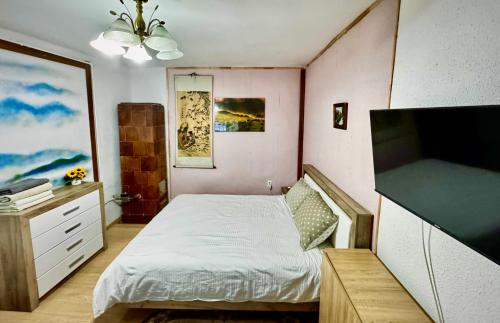 Casa Ming في براشوف: غرفة نوم مع سرير وتلفزيون بشاشة مسطحة