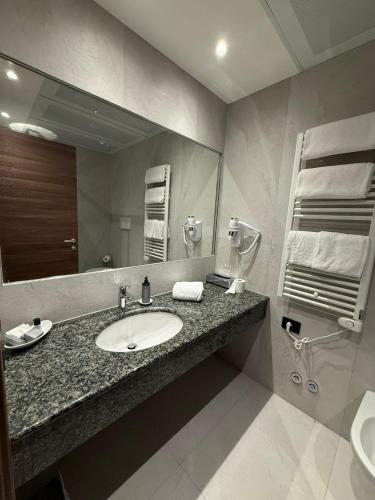 a bathroom with a sink and a large mirror at Hotel Giada Viale del Sole in Vicenza