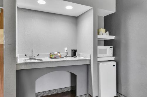 a kitchen with a sink and a microwave at Hotel O Suites & Conference Centre Urbana-Champaign University in Urbana