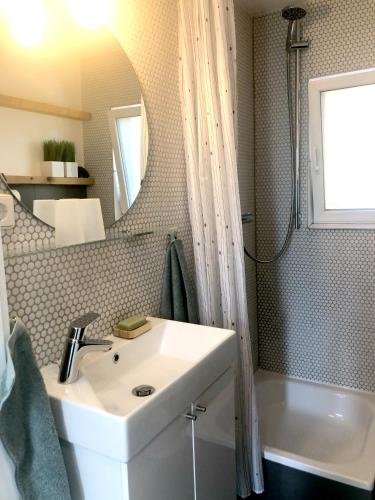 a bathroom with a sink and a mirror at Das Haus am Berg in Rathmannsdorf