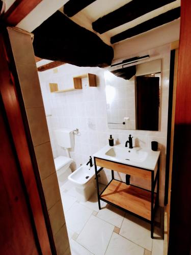 a bathroom with a sink and a toilet at Historic 14th-century apartment in the center of Montaione, Tuscan charm in Montaione