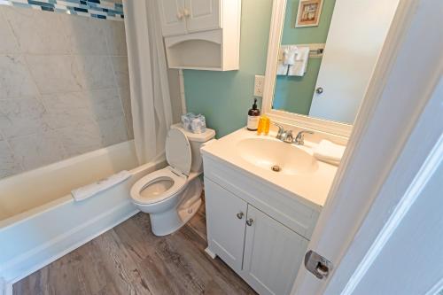 a bathroom with a toilet and a sink and a mirror at Studio, North Myrtle - Dogs Allowed! in Myrtle Beach