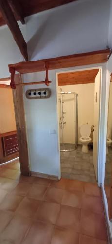a bathroom with a toilet and a shower in a room at חווה של דני in Bet Hillel