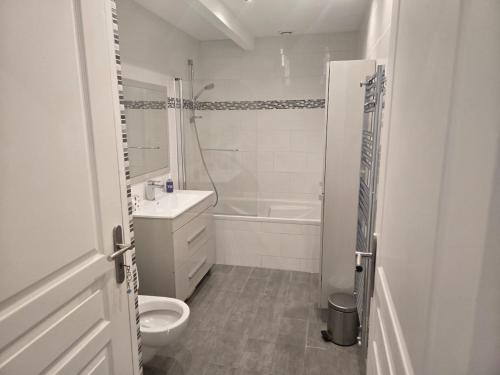 a white bathroom with a toilet and a sink at Appartement de charme cœur de Thomery 3 chambres 1 à 9 pers in Thomery