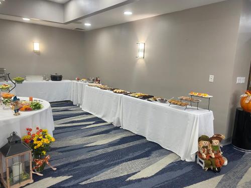 a row of tables in a room with food on them at Comfort Inn & Suites Near Lake Guntersville in Scottsboro