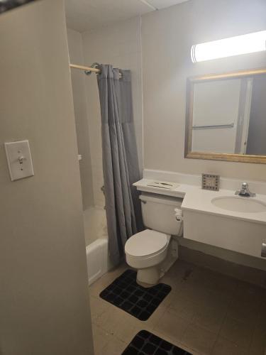 a bathroom with a toilet and a sink and a mirror at Noble Suites in Albany