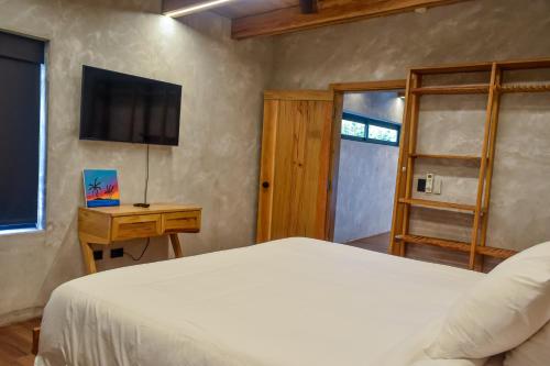 a bedroom with a bed and a television on the wall at Seabird - Villa 6 in Placencia Village