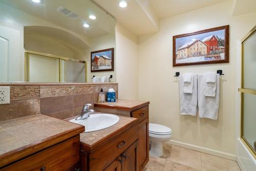 a bathroom with a sink and a toilet and a mirror at Beautiful Driggs Townhome with Views and Hot Tub in Driggs