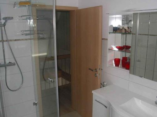 La salle de bains est pourvue d'une douche, de toilettes et d'un lavabo. dans l'établissement Ferienhaus Steinger am Blumengässle, à Müllheim