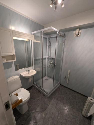 a bathroom with a shower and a toilet and a sink at Cozy apartment in Tromsø