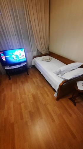 a bedroom with a bed and a flat screen tv at Vasilis Garden House in Kavala