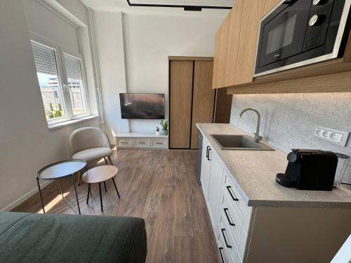 uma pequena cozinha com um lavatório e uma televisão em Stone Bridge Studio em Skopje