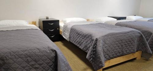 une chambre avec trois lits et une commode noire dans l'établissement Żołnierska Hostel, à Leszno