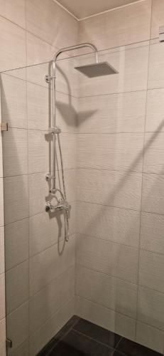 a shower with a shower head in a bathroom at Żołnierska Hostel in Leszno