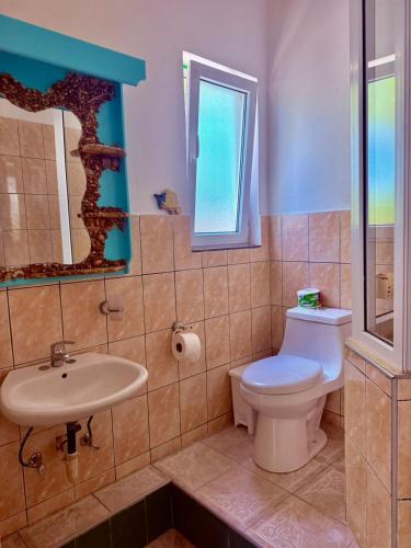 a bathroom with a toilet and a sink and a mirror at CasaLoca Cabarete Studio Apartment in Cabarete