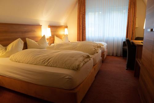 a hotel room with two beds and a desk at Hotel Jägerhof in Bad Hersfeld