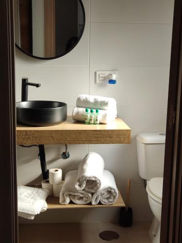 a bathroom with a sink and towels on a shelf at Hostal Casa Miguel Marbella in Marbella