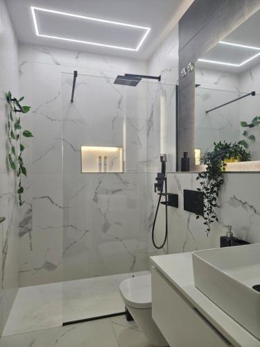 a bathroom with a shower and a toilet and a sink at Casita Feliz in San Pedro del Pinatar
