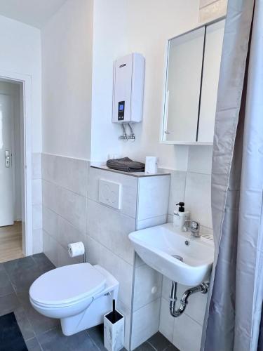 a white bathroom with a toilet and a sink at Work Inn Rhein Ruhr Appartement in Duisburg