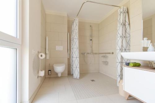 a bathroom with a shower and a toilet and a sink at Sonnenscheinhaus Wohnung 4 in Erbach im Odenwald