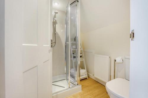 a bathroom with a glass shower with a toilet at Artist Cottage - Kirkudbright in Kirkcudbright