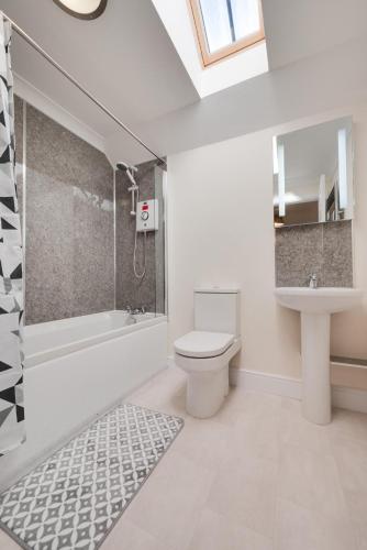 a bathroom with a shower and a toilet and a sink at The Cart Lodge in Chedgrave