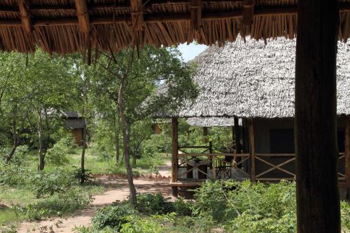 a hut with a thatched roof in the jungle at Angalia Tented Camp in Mikumi
