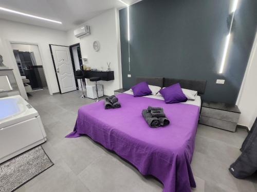 a bedroom with a purple bed with two cameras on it at Holiday Luxury Room in Giardini Naxos