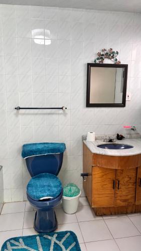 a bathroom with a blue toilet and a sink at casa en cuernavaca in Cuernavaca
