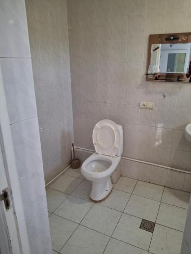 a bathroom with a white toilet and a mirror at Собственый дом in Yerevan