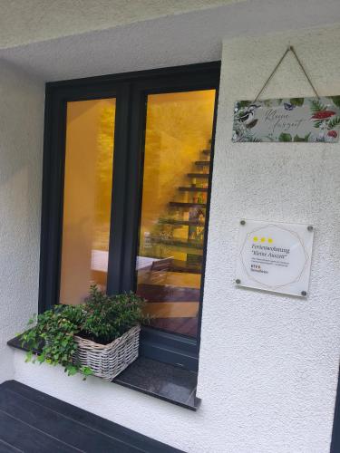 a window with a plant in a basket on a building at Kleine Auszeit Eifel mit Dachterrasse in Nettersheim