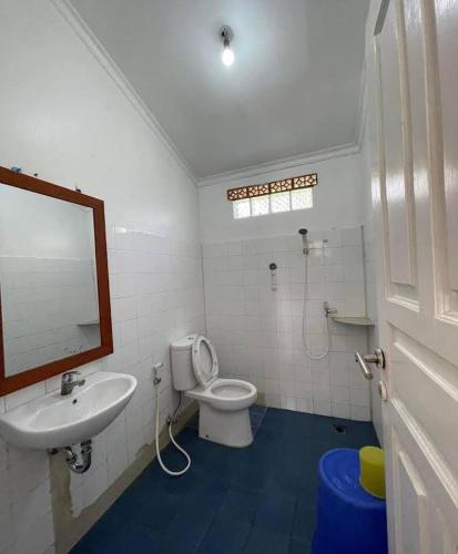 a bathroom with a sink and a toilet and a mirror at Homestay villa Ujang ujung genteng in Ujunggenteng
