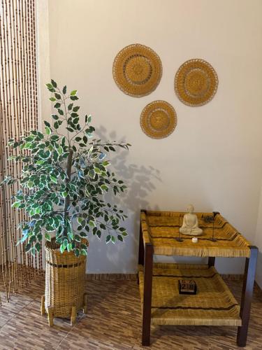 a room with a table and a potted plant at APTLotus in Pacoti