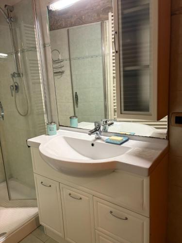 a bathroom with a white sink and a shower at La Casa di Bianca - Intero appartamento in Collagna
