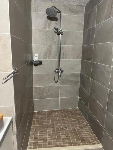 una ducha con puerta de cristal en un baño en Apartmani Matković, en Žuljana