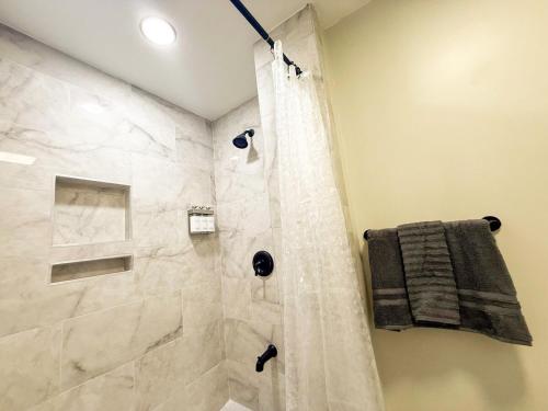 a bathroom with a shower with a shower curtain at Town & Country Andover, NJ Area- Studio Unit in Newton