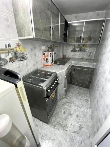 Una pequeña cocina con estufa y fregadero. en da immo, en Dakar