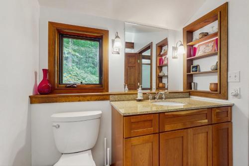 Un baño con inodoro, lavabo y ventana. en Hawk House, en Killington