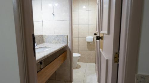 a bathroom with a sink and a toilet at Hotel Dan Inn Franca & Convenções By Nacional Inn in Franca
