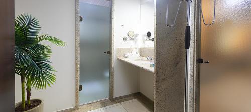 a bathroom with a sink and a shower with a mirror at Hotel Dan Inn Franca & Convenções By Nacional Inn in Franca