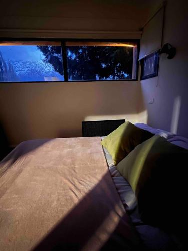 a bedroom with a large bed and a window at Rest in the mountains in El Bolsón