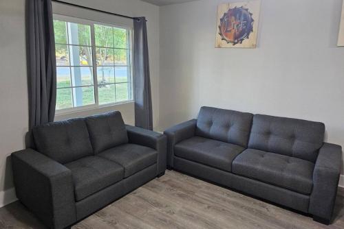 a living room with two couches and a window at Charming 4br Bundle Near Downtown & Airport in Austin